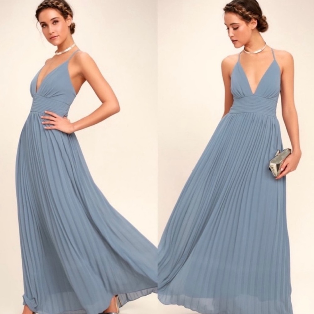Lulus Depths Of My Love Dusty Blue Pleated Maxi Dress SZ M